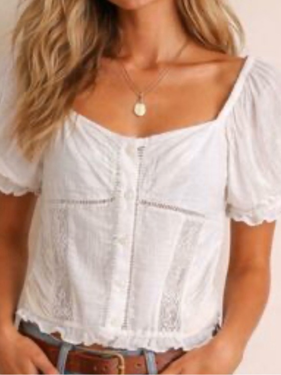 Free People Tops - Free People White Crochet-Trim Square Neck Puff Sleeve Top - Flawed